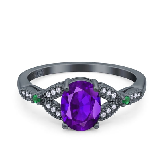 Natural Amethyst Black Tone Silver Size-6 Art Deco Oval Vintage Style Split Shank Leaf Design Beaded Green Emerald CZ Wedding Engagement Ring 925 Sterling Silver