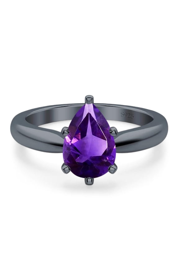 Natural Amethyst Black Tone Silver Size-8 Minimalist Pear Teardrop Solitaire Cathedral Ring Vintage Style Wedding Engagement Ring 925 Sterling Silver Gifts For Her