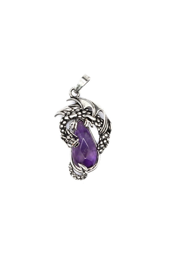 Natural Amethyst Brass Pendants Flying Dragon Charms with Faceted Teardrop Gems Silver 38x22x6mm
