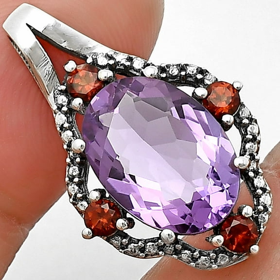 Natural Amethyst - Brazil & Garnet 925 Sterling Silver Pendant Jewelry DGP1012_A P-1114