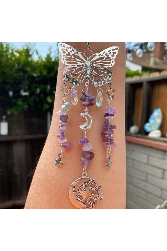 Natural Amethyst Butterfly Hanging Suncatcher Pendant Decoration Sun Star Ball Pendants 230mm
