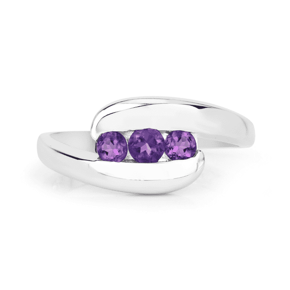 Sterling Silver Three Stone Ring with Genuine Amethyst, Bypass Design February Birthstone Jewelry for Women, .925 Silver Past Present Future Gift Ring