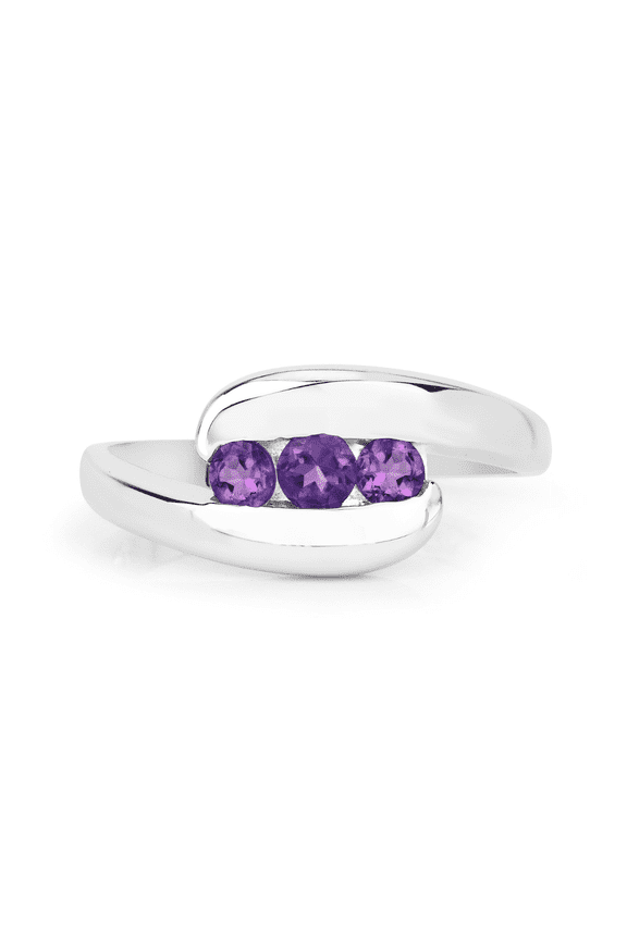 Sterling Silver Three Stone Ring with Genuine Amethyst, Bypass Design February Birthstone Jewelry for Women, .925 Silver Past Present Future Gift Ring