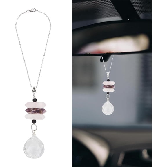 Natural Amethyst Car Hanging Ornaments Quartz Car Pendant Charms Rainbow Glass Ball Dangling Suncatcher Rearview Mirror Accessories for Window Garden Home Wedding Party Decor Platinum