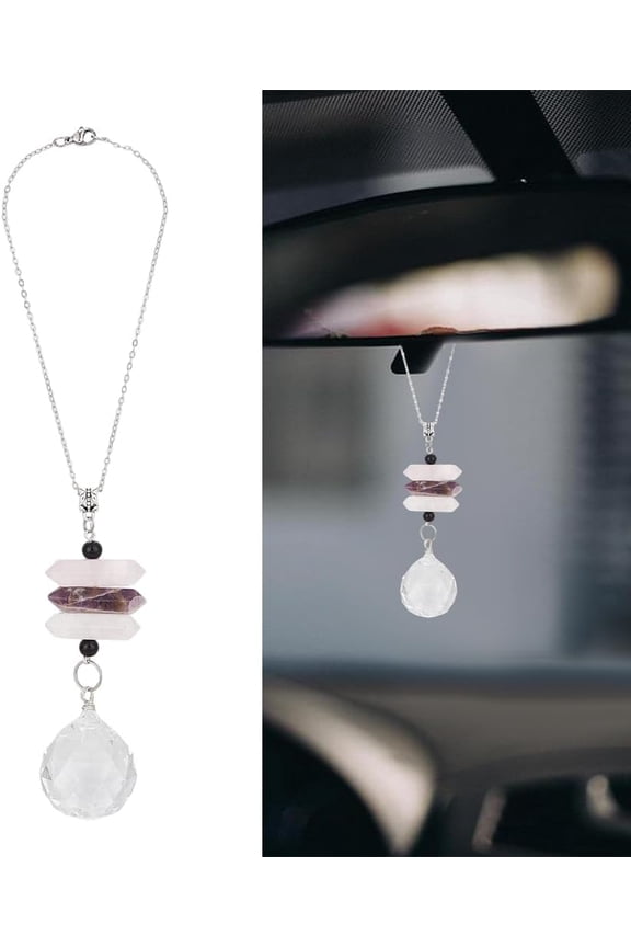 Natural Amethyst Car Hanging Ornaments Quartz Car Pendant Charms Rainbow Glass Ball Dangling Suncatcher Rearview Mirror Accessories