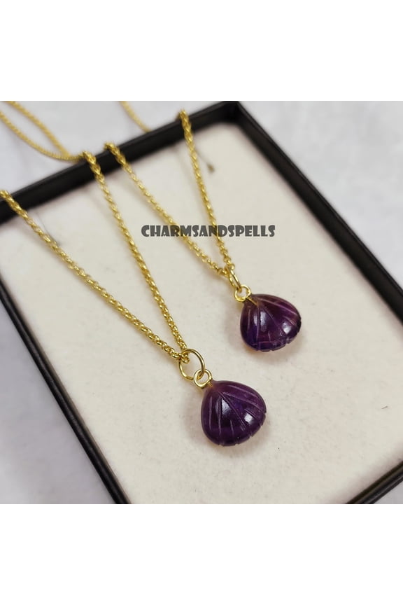 Natural Amethyst Carved Pendant Necklace, Antique Look Necklace, Shell Necklace, Carved Stone Jewelry, Handmade Necklace,Valentine Day Gifts