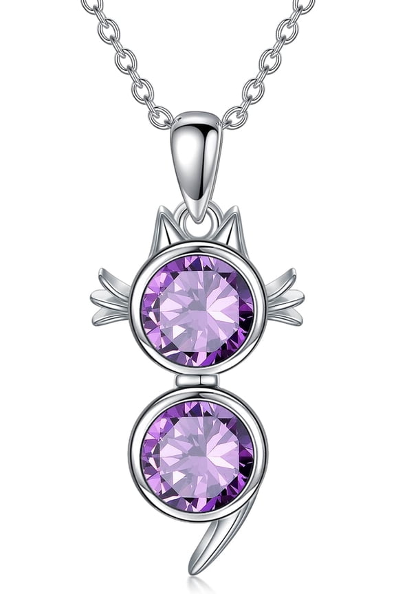 Natural Amethyst Cat Necklace for Women 925 Sterling Silver Cat Pendant with Genuine Amethyst Jewelry Gifts for Cat Lover