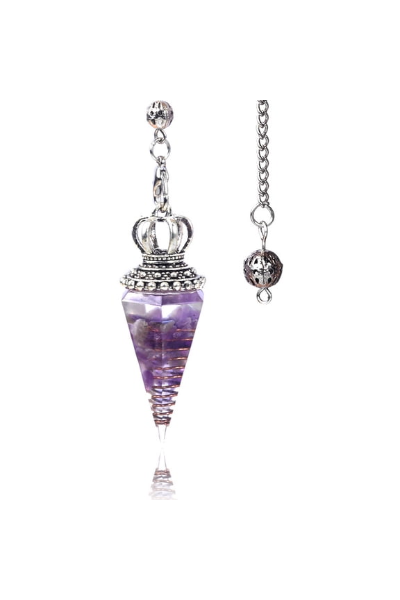 Natural Amethyst Chip & Resin Dowsing Pendulum Big Pendants with Platinum Plated Metal Cone Charm 300mm
