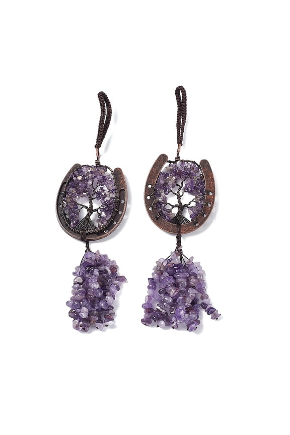 Natural Amethyst Chip Tree of Life Pendants Decoration Brass Horse Shose Tassel Gems Hanging Ornaments 220mm Pendant: 170x59x7mm