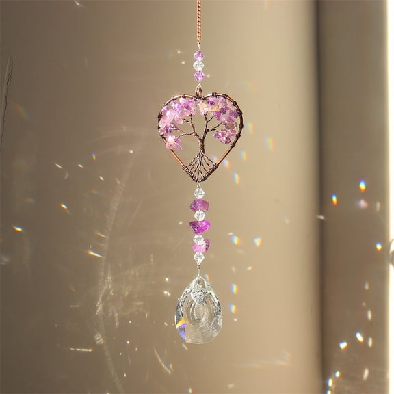 Natural Amethyst Chip Wrapped Heart with Tree of Life Hanging Ornaments Glass Teardrop Tassel Suncatchers for Home Outdoor Decoration 380mm