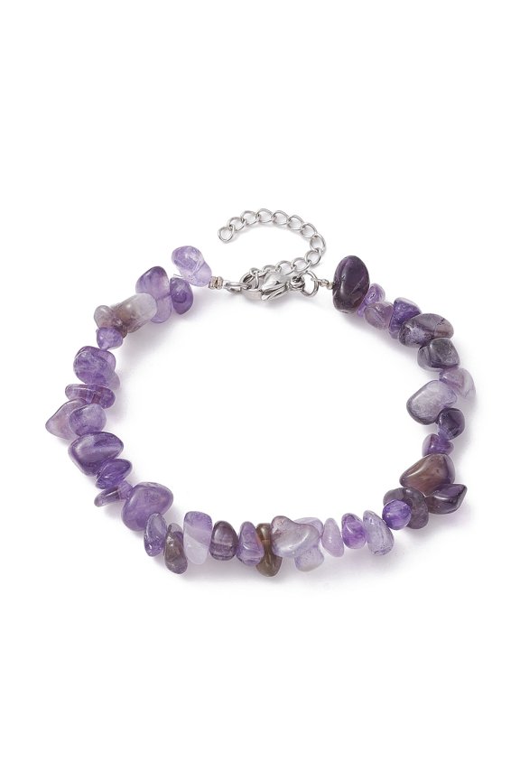 Natural Amethyst Chips Beaded Bracelet with 304 Stainless Steel Clasps 7-1/4 inch(18.5cm)