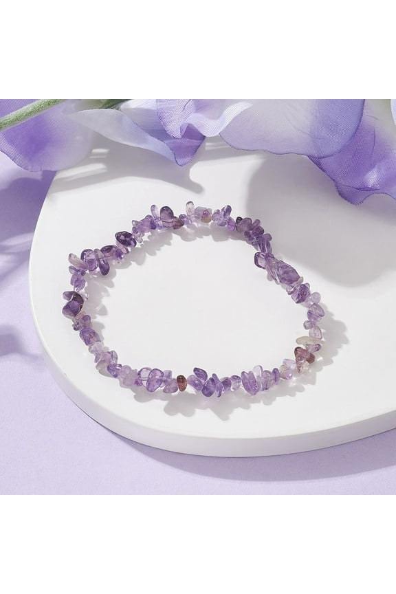 Natural Amethyst Chips Beaded Stretch Bracelets for Women Inner Diameter: 2-1/4~2-1/2 inch(50~52mm)