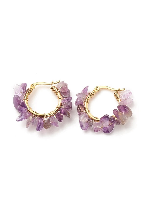 Natural Amethyst Chips Hoop Earrings 304 Stainless Steel Wire Wrap Jewelry for Women 25~27x28~33x7~9mm Pin: 0.6mm