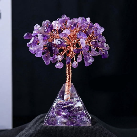Natural Amethyst Chips Tree Decorations Resin Pyramid Base with Gemstone Chip Copper Wire Feng Shui Energy Stone Gift for Home Office Desktop Decorations 95x40mm