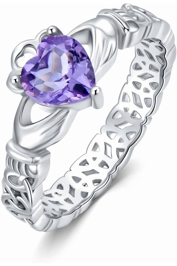 Natural Amethyst Claddagh Rings for Women 925 Sterling Silver Irish Rings with Heart Purple Crystal Jewelry Gift for Wife
