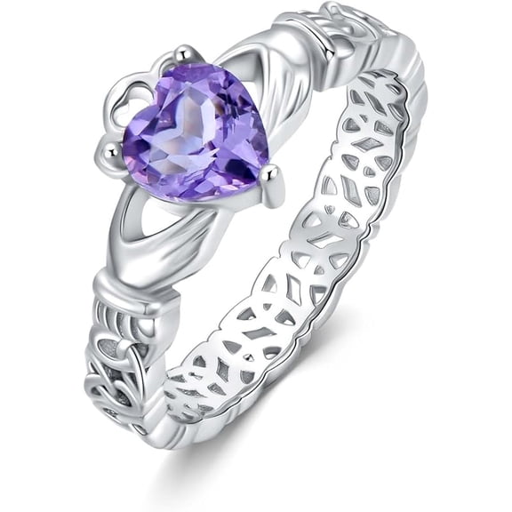 Natural Amethyst Claddagh Rings for Women 925 Sterling Silver Irish Rings with Heart Purple Crystal Jewelry Gift for Wife