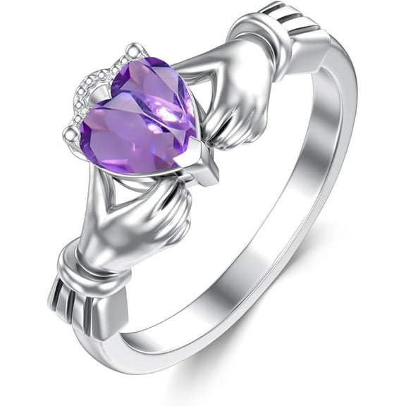 Natural Amethyst Claddagh Rings for Women 925 Sterling Silver Irish Rings with Heart Purple Crystal Jewelry Gift for Wife
