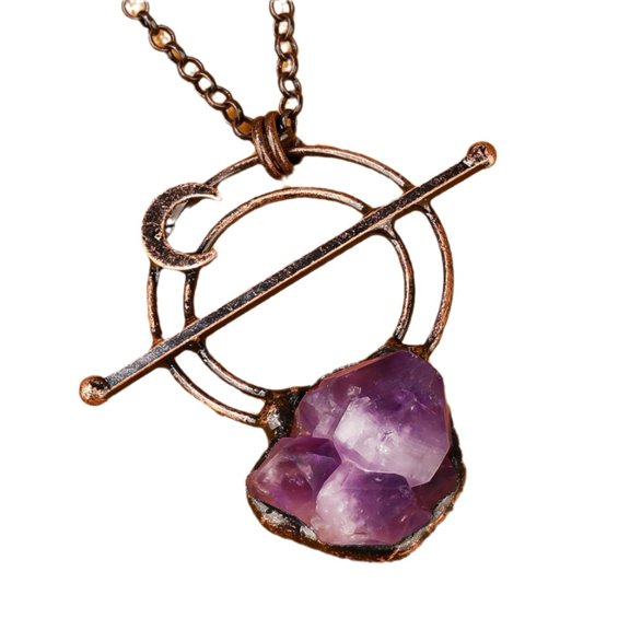 Natural Amethyst Cluster Moon Pendant Necklace Raw Crystal Druzy Boho Spiritual Jewelry for Women, Witchy Planetary Design
