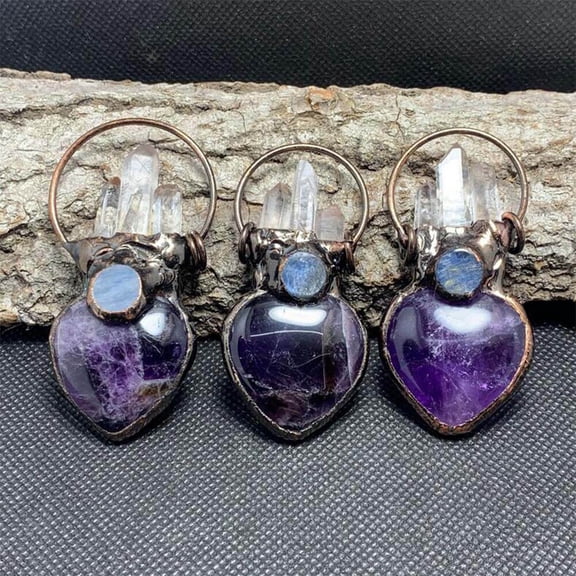 Natural Amethyst Crystal Pendant Clear Quartz Point Healing Reiki Gem Heart