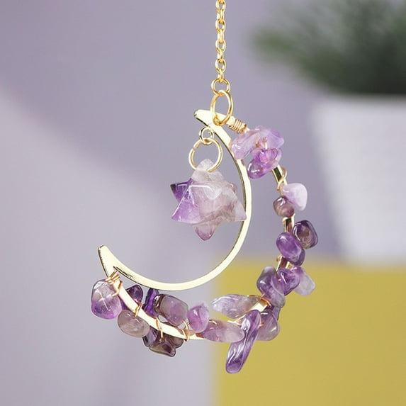 Natural Amethyst Crystal Stone Car Pendant Star Ornament Colorful Energy Weave Prism Rainbow Maker Sun Catcher Decorative Hanging for Home Window Garden Patio Gift