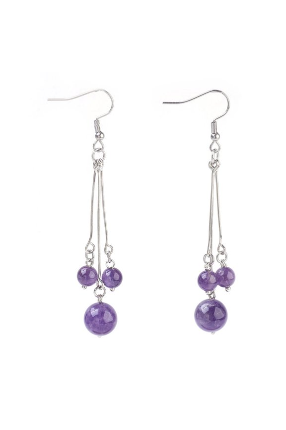 Natural Amethyst Dangle Earrings with 304 Stainless Steel Earring Hooks and Iron Eye Pins Round 77-78mm Pendant: 57-58mm Pin: 0.6mm