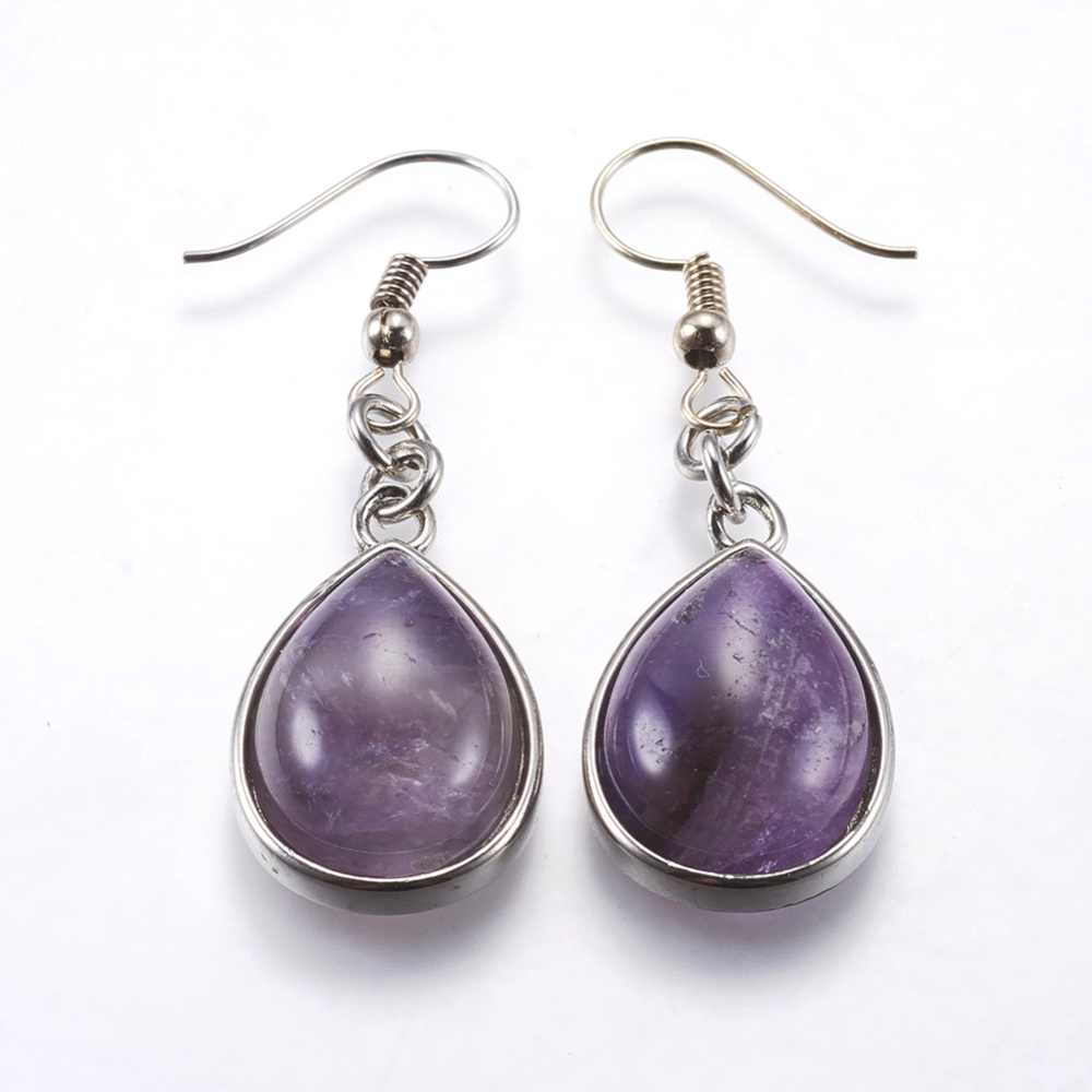 Natural Amethyst Dangle Earrings with Brass Earring Hooks teardrop Platinum 48mm Pin: 0.5mm DIY