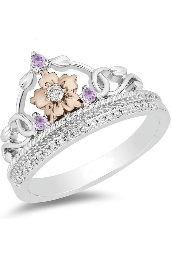Natural Amethyst & Diamond Ring in sterling Silver - Tiara Crown Ring - Gift For Mum