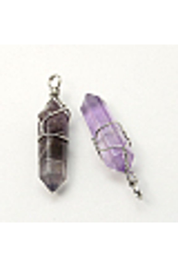 Natural Amethyst Double Terminated Pointed Pendants with Brass Pendant Settings Faceted Bullet Platinum Metal Color 35~45x10~13mm Hole: 3mm