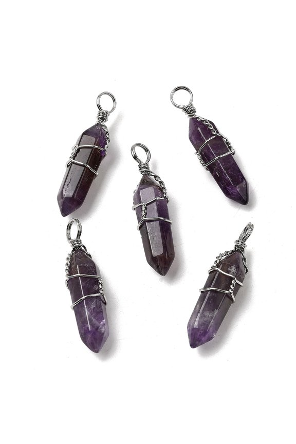 Natural Amethyst Double Terminated Pointed Pendants with Brass Pendant Settings Faceted Platinum Metal Color 35~45x10~13mm Hole: 3mm