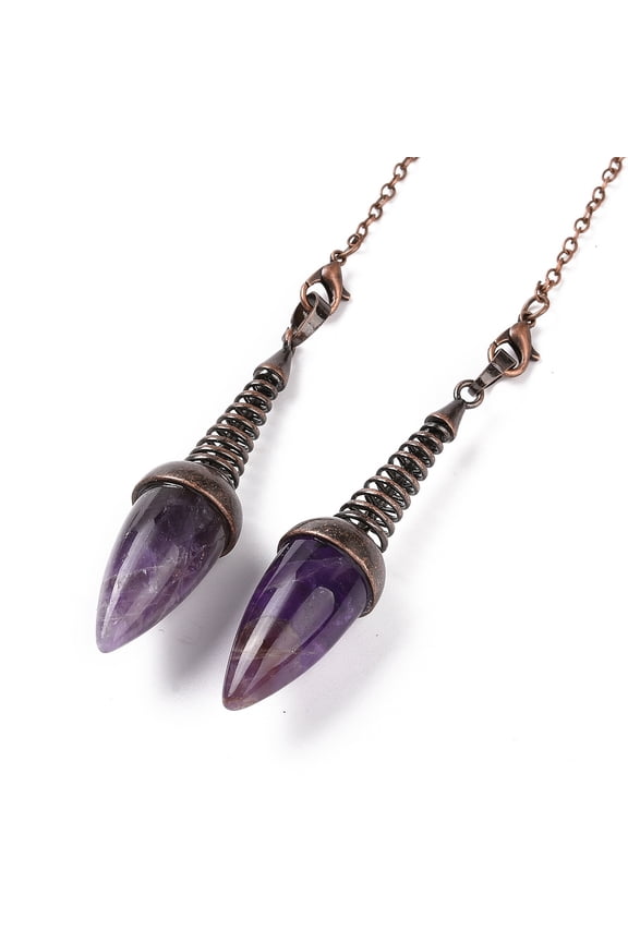 Natural Amethyst Dowsing Pendulums with Red Copper Plated Brass Chains Egg Charm 250-255mm Hole: 2mm