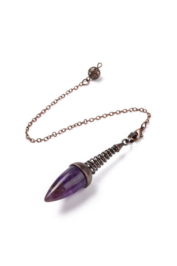 Natural Amethyst Dowsing Pendulums with Red Copper Plated Brass Chains Egg Charm 250~255mm Hole: 2mm
