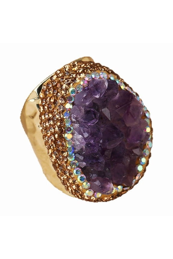 Natural Amethyst Druzy Adjustable Open Ring Raw Crystal Gold Plated Statement Ring for Women, Healing Boho Jewelry