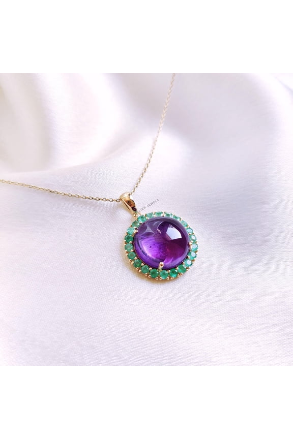 Natural Amethyst Emerald Pendant, 14K Solid Yellow Gold, February May Birthstone
