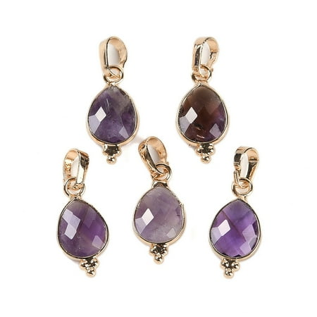 Natural Amethyst Faceted Pendans Golden Plated Brass Teardrop Charms 17.5x9x3.5mm Hole: 6x3.5mm