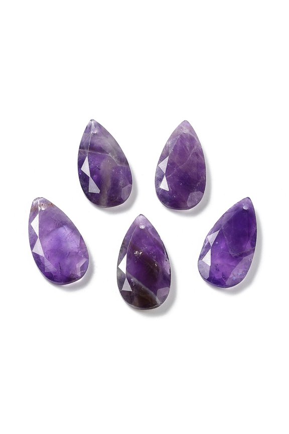 Natural Amethyst Faceted Pendants Teardrop Charms 25x13x4mm Hole: 1mm DIY