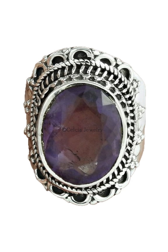 Natural Amethyst Gemstone Band Ring, Antique Designer Handmade Fine Jewelry, Statement Purple Stone Oval Ring, Exclusive Ring, Organic Ring, Hippie Ring, February Birthstone (amethyst, Size 7)