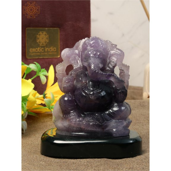 Natural Amethyst Gemstone Ganesha | Black Agate Base With Gift Box