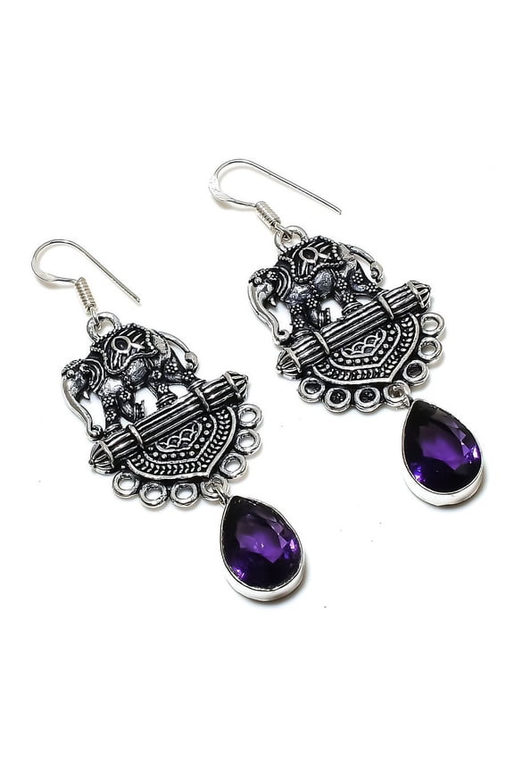 Natural Amethyst Gemstone Handmade 925 Sterling Silver Earring 2.56"
