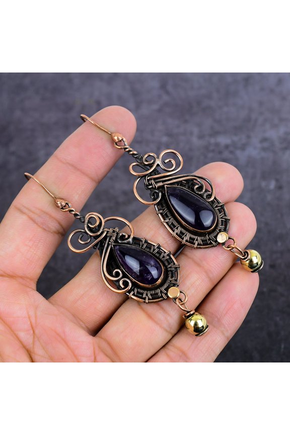 Natural Amethyst Gemstone Handmade Copper Wire Wrap Jewelry Earring 3.47"