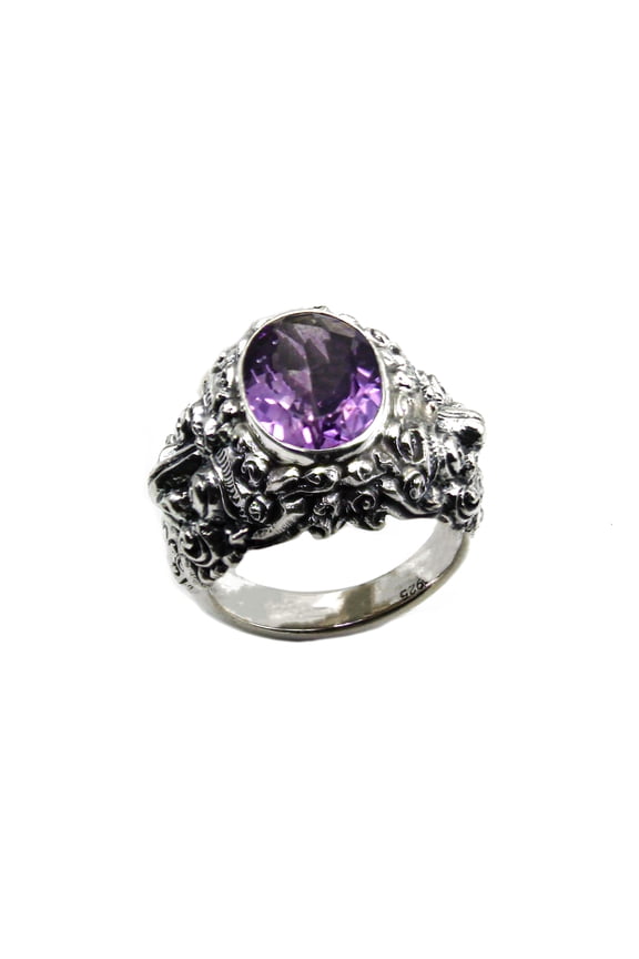 Natural Amethyst Gemstone Real 925 Sterling Silver Fine Designer Balinese Garuda Engraving Handmade Ethnic Tribal Unique Finger Ring For Women, Fashion Cocktail Jewelry, February Stone, Size R1/2