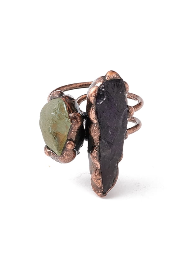 Natural Amethyst & Green Quartz Irregular Nugget Open Cuff Ring Red Copper Brass Wire Wrap Chunky Ring for Women Cadmium Free & Lead Free US Size 10 3/4(20.3mm)