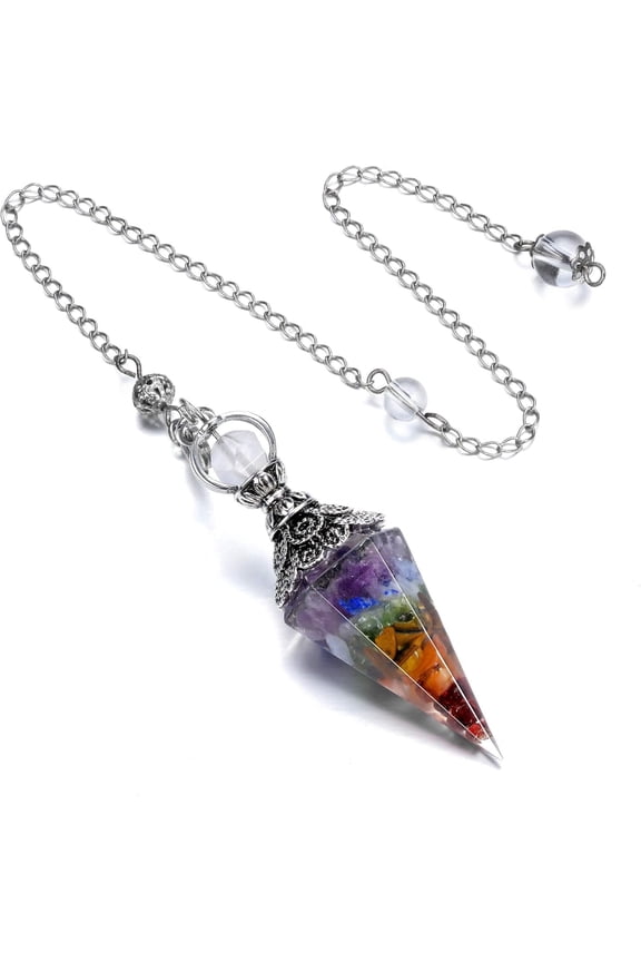 Natural Amethyst Healing Crystal Dowsing Pendulum Reiki Gemstone Chips Orgone Pendulum 6 Faceted Hexagonal Pointed Resin Spiritual Pendant for Divination, Wicca, Energy Balancing