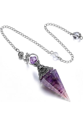 Natural Amethyst Healing Crystal Dowsing Pendulum Reiki Gemstone Chips Orgone Pendulum 6 Faceted Hexagonal Pointed Resin Spiritual Pendant for Divination, Wicca, Energy Balancing