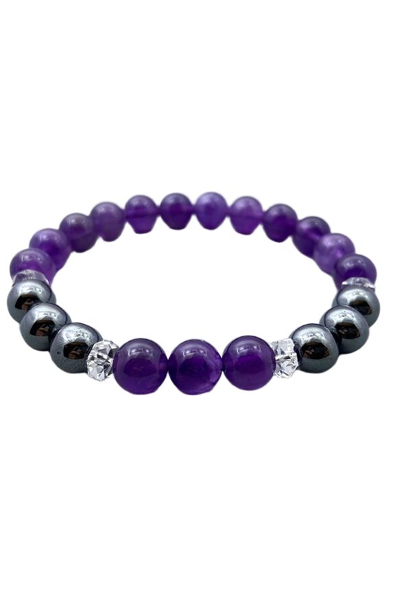 Natural Amethyst & Hematite 8mm Round Shape Smooth Cut Beads Stretchable Bracelet For Men & Women. Unisex Bracelet