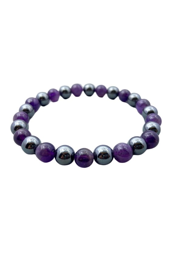 Natural Amethyst & Hematite 8mm Round Shape Smooth Cut Beads Stretchable Bracelet For Men & Women. Unisex Bracelet