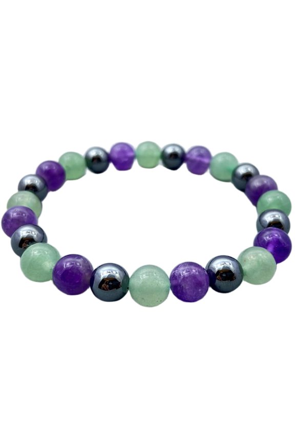 Natural Amethyst, Hematite & Aventurine 8mm Round Shape Smooth Cut Beads Stretchable Bracelet For Men & Women. Unisex Bracelet
