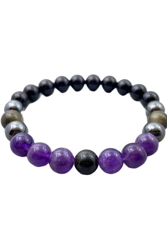 Natural Amethyst, Hematite, Obsidian & Onyx 8mm Round Shape Smooth Cut Beads Stretchable Bracelet For Men & Women. Unisex Bracelet