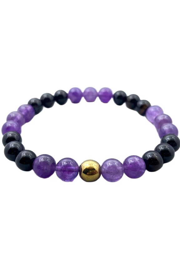 Natural Amethyst, Hematite & Onyx 8mm Round Shape Smooth Cut Beads Stretchable Bracelet For Men & Women. Unisex Bracelet