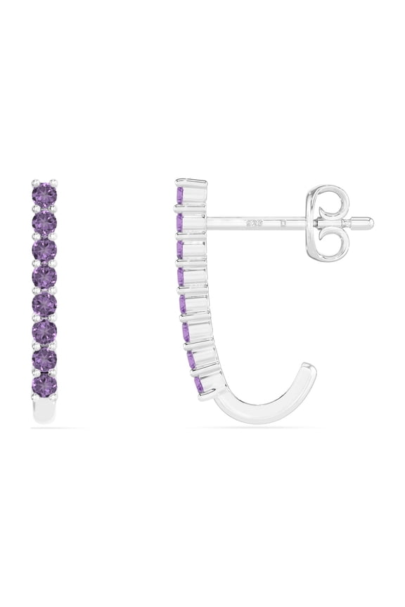 Natural Amethyst J Hoop Stud Earrings for Women in Sterling Silver, February Birthstone Jewelry Gifts for Her Birthday, Wedding Anniversary, Party, Mothers Day, Christmas, Graduation, Valentines