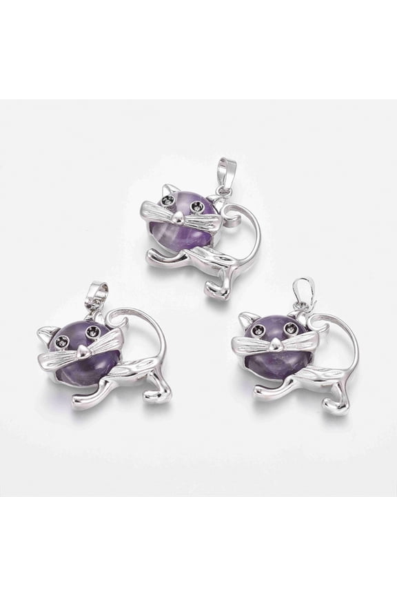 Natural Amethyst Kitten Pendants with Platinum Tone Brass Findings Cartoon Cat Shape 28x30x9mm Hole: 5x7mm